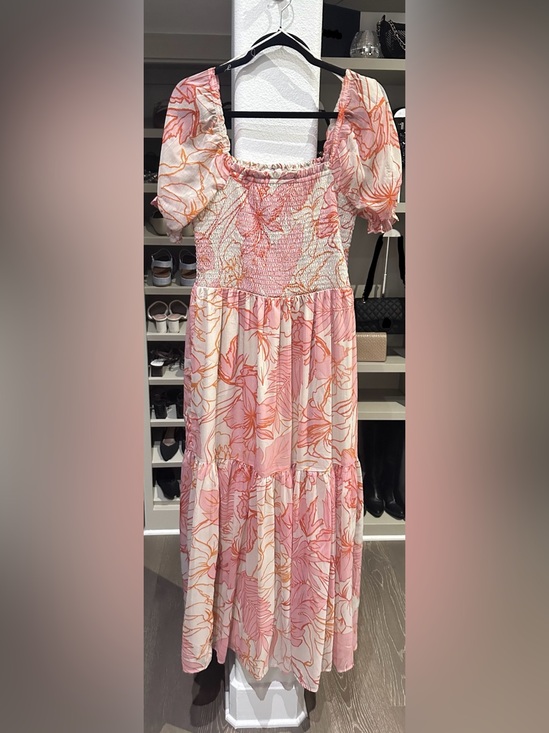 Patrons of Peace Dresses & Skirts - NWOT - Women’s Smocked Ruffle Sleeve Pink & Orange Tropical Tiered Dress